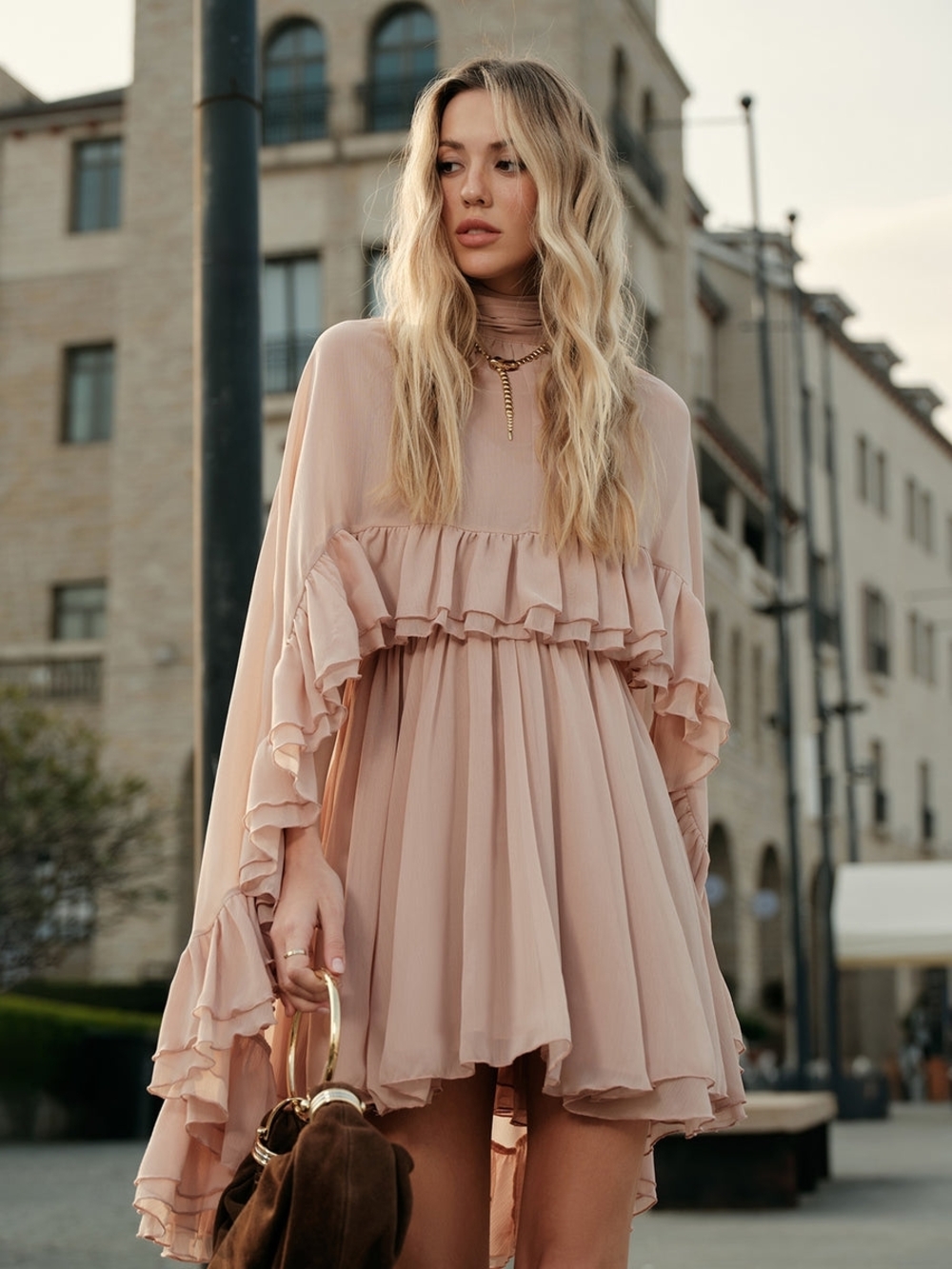 Commense Semi-Sheer Chiffon Ruffle Dress With Outer Cape Medium - Picture 2 of 7